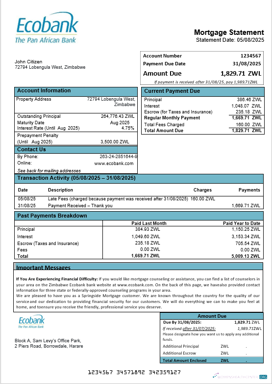 Download Zimbabwe Ecobank bank mortgage statement in Word and PDF formats Photoshop template